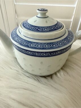 Blue and White Ceramic Teapot with Geometric Border